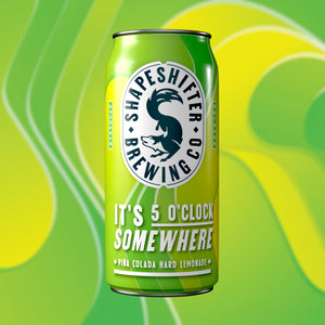 It's 5 O'Clock Somewhere Pina Colada Hard Lemonade 440mL can on artwork background