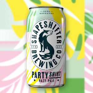 Party Shirt Hazy Pale 375mL can on tropical artwork background