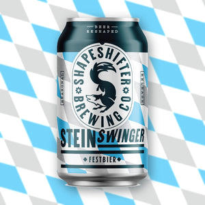 Stein Swinger Festbier 375mL can on Bavarian diamond background